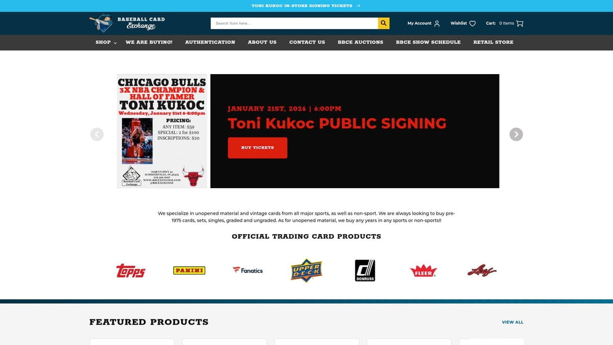 Toni Kukoc signing event banner in baseball card shop article