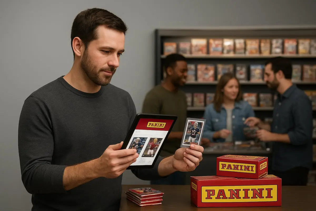 Red and yellow Panini cards box with bold logo for shop Panini cards