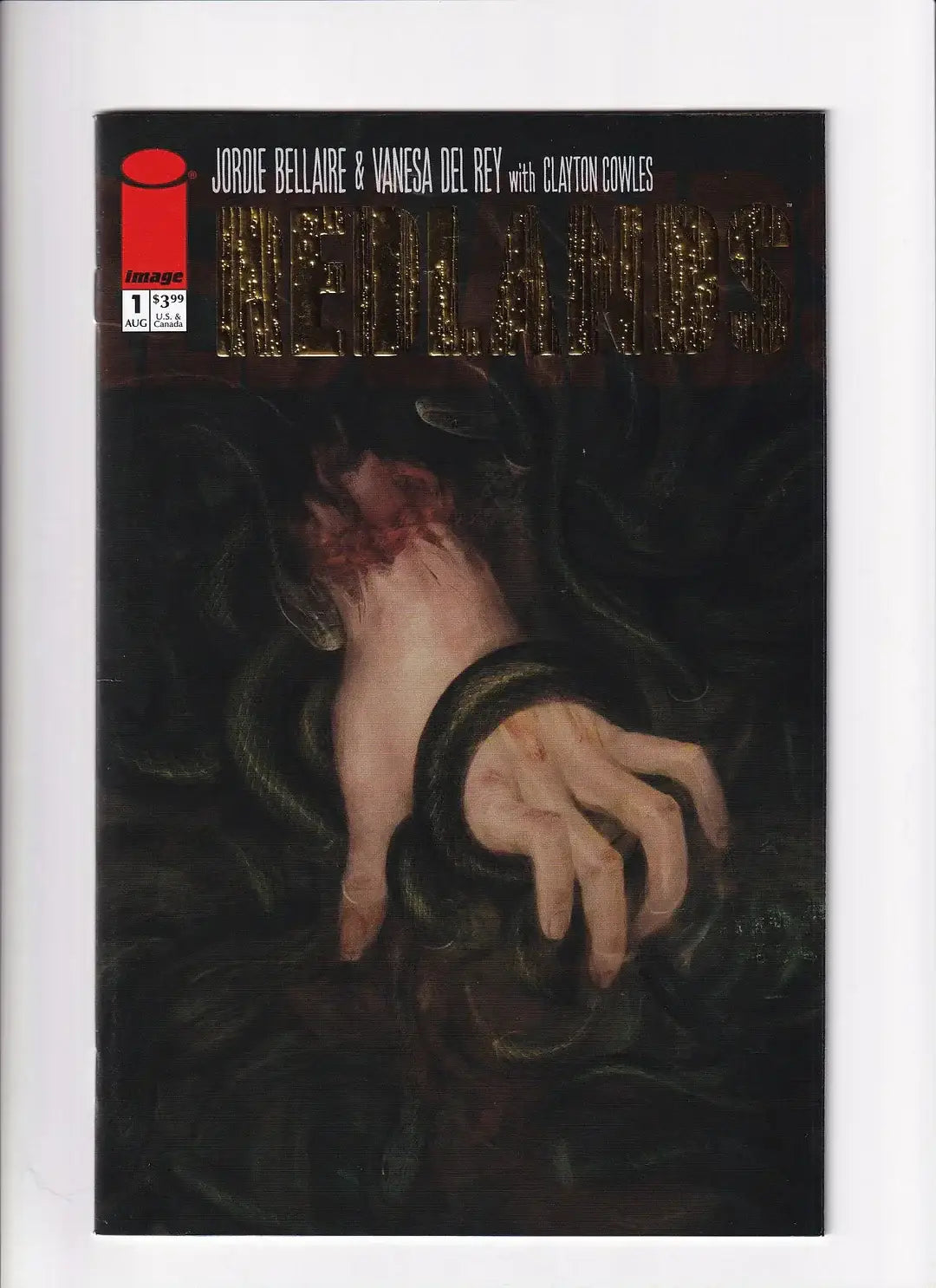 Comic book cover of Redlands #1 CVR B by Vanesa Del Rey featuring a ghostly hand