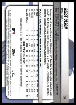 Reese Olson Rookie 2024 Topps Big League #58 Detroit Tigers - Baseball Card Single