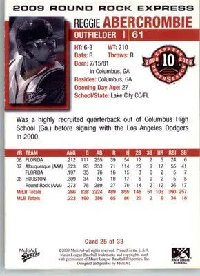 Reggie Abercrombie - 2009 MultiAd Round Rock Express - #25 - AUTO Baseball - Baseball Card Single