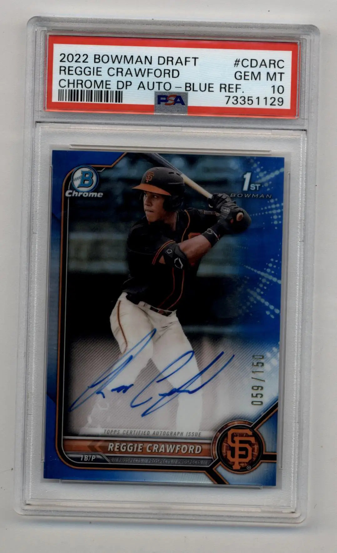 Reggie Crawford 2022 Bowman Chrome Draft Prospects Blue Refractor Auto 059/150 PSA 10 Gem Mint - Baseball Card Single