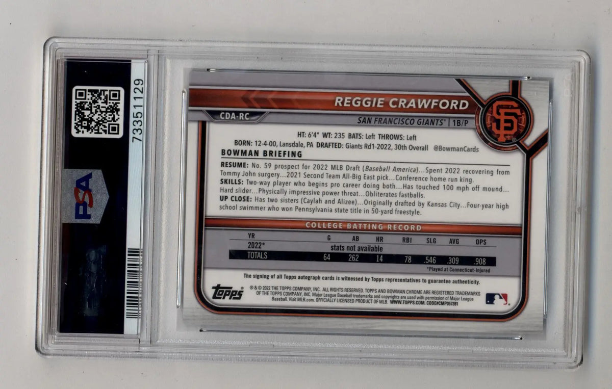 Reggie Crawford 2022 Bowman Chrome Draft Prospects Blue Refractor Auto 059/150 PSA 10 Gem Mint - Baseball Card Single