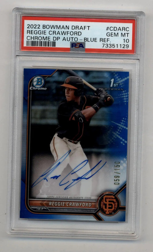 Reggie Crawford 2022 Bowman Chrome Draft Prospects Blue Refractor Auto PSA 10