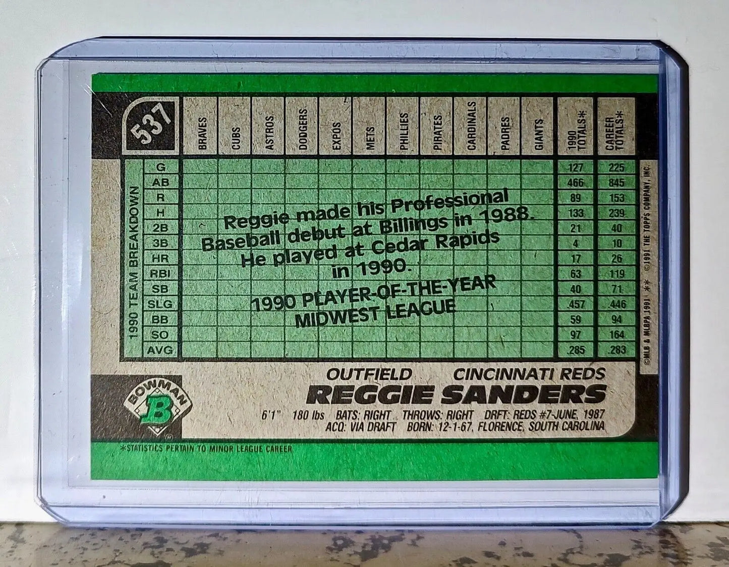 Reggie Sanders 1991 Topps Bowman MVP MLB #537 Baseball Card Cincinnati Reds