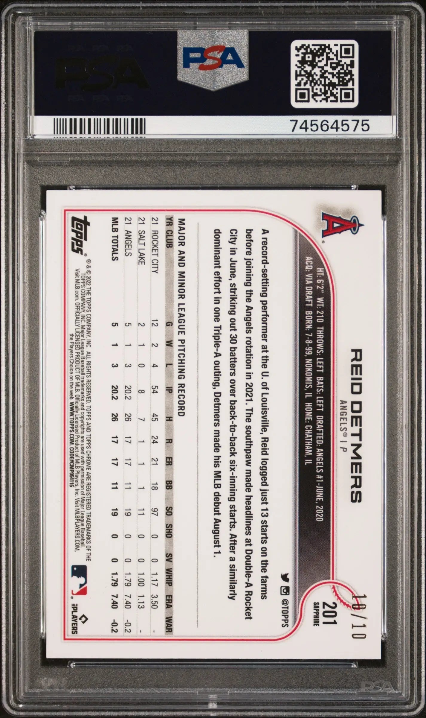 Reid Detmers 2022 Topps Chrome Sapphire Purple #10/10 PSA 9 Mint - Baseball Card Single