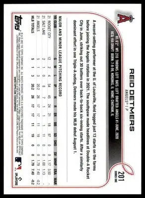 Reid Detmers Rookie 2022 Topps #201 Los Angeles Angels - Baseball Card Single