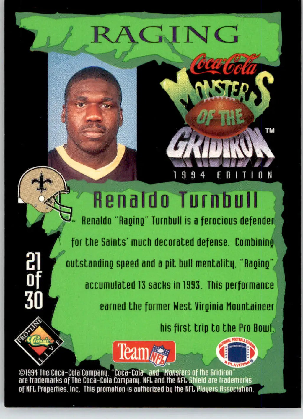 Renaldo Turnbull - 1994 Coca-Cola Monsters of the Gridiron - #21 - Football - Football Card Single