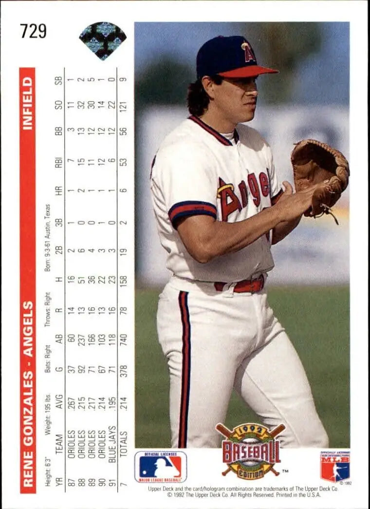 Rene Gonzales 1992 Upper Deck MLB #729 Baseball Card California Angels - Baseball Card Single