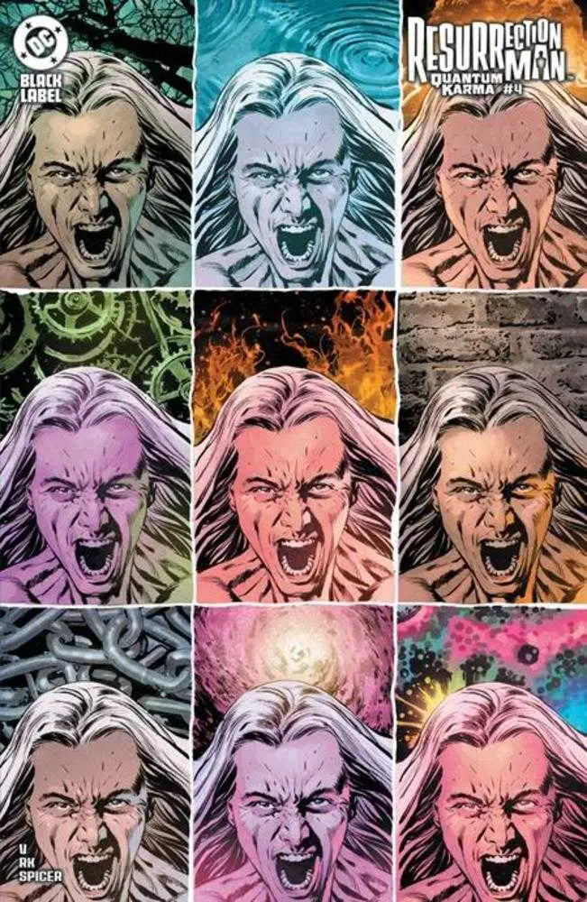Resurrection Man Quantum comic cover collage featuring a screaming man in vibrant colors