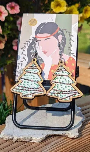 Reversible -Wooden Christmas Tree Earrings - Handmade - General Merchandise