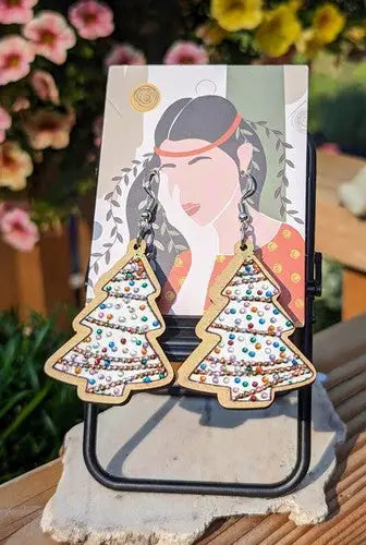 Reversible -Wooden Christmas Tree Earrings - Handmade - General Merchandise