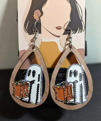 Reversible Wooden Trick or Treat Ghost Earrings - Handmade - Other