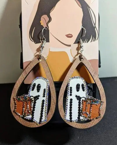Reversible Wooden Trick or Treat Ghost Earrings - Handmade - Other