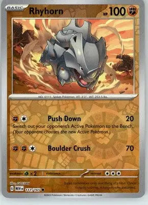 Rhyhorn - 151 - 111/165 - Reverse Holo NM Pokemon - Pokémon Card Single