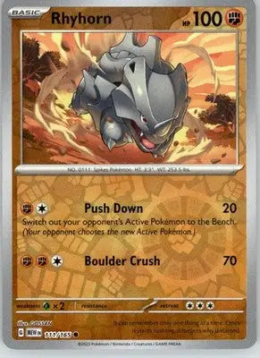 Rhyhorn - 151 - 111/165 - Reverse Holo NM Pokemon - Pokémon Card Single