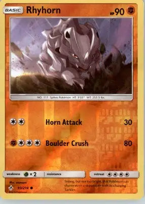 Rhyhorn (93) - SM - Unbroken Bonds - Reverse Holo LP - #93/214 - Pokémon Card Single
