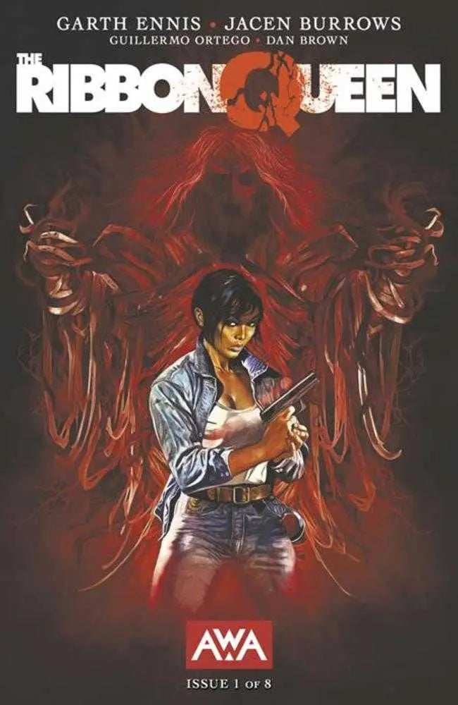 Comic book cover of Ribbon Queen #1 featuring denim-clad figure with gun