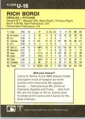Rich Bordi - 1986 Fleer Update - #U-16 - Baseball - Baseball Card Single