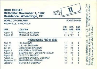Rich Bubak - 1987 World of Outlaws - #11 - Racing - Racing Card Single