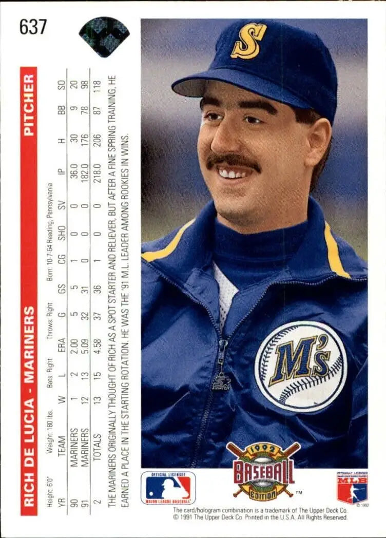 Rich DeLucia 1992 Upper Deck MLB #637 Baseball Card Seattle Mariners - Baseball Card Single