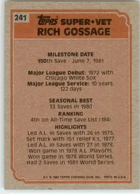 Rich Gossage - 1983 Topps - #241 - Baseball - Baseball Card Single