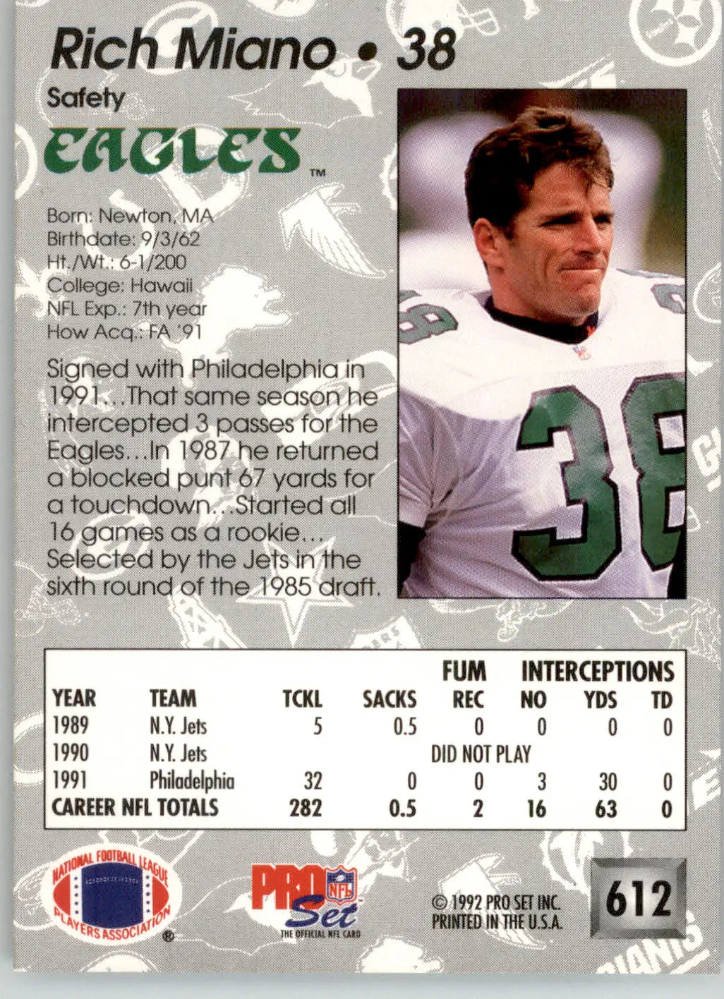Rich Miano - 1992 Pro Set - #612 - Football - Football Card Single