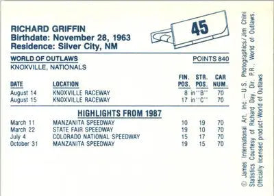 Richard Griffin - 1987 World of Outlaws - #45 - Racing - Racing Card Single