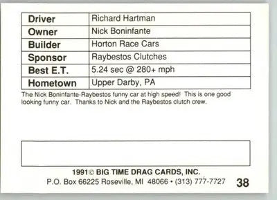 Richard Hartman - 1991 Big Time Drag - #38 - Racing - Racing Card Single