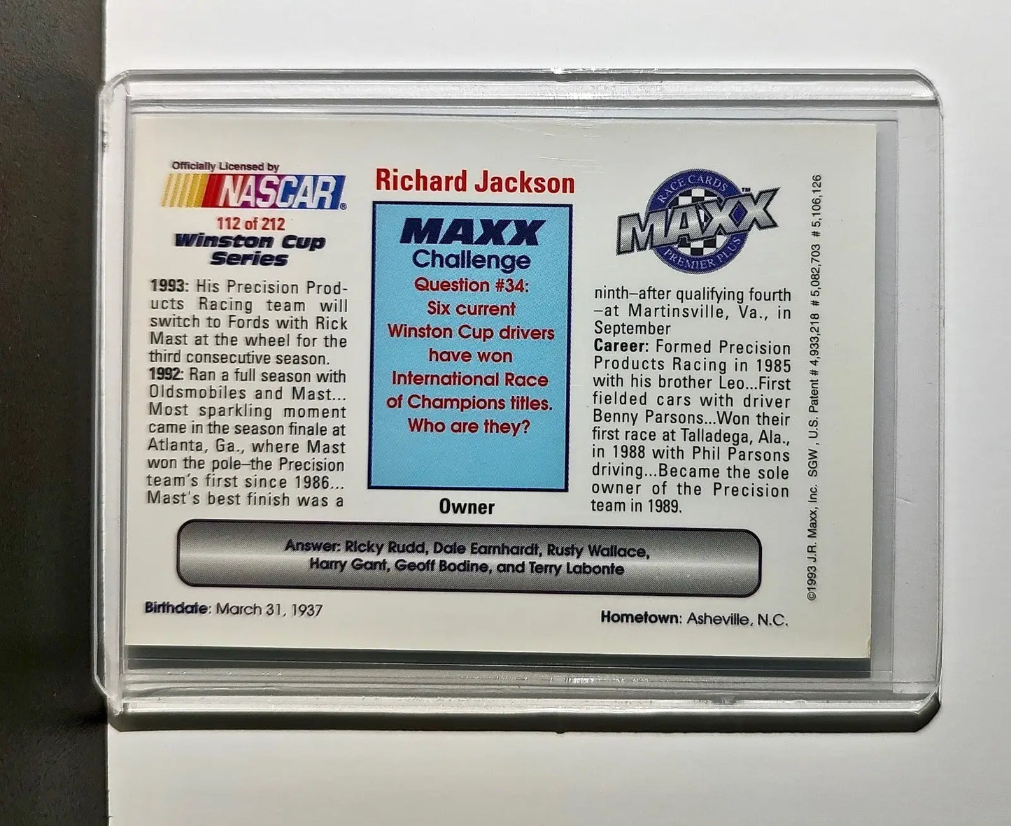Richard Jackson 1993 Maxx Premier Plus Racing #112 NASCAR Precision Products - Racing Card Single