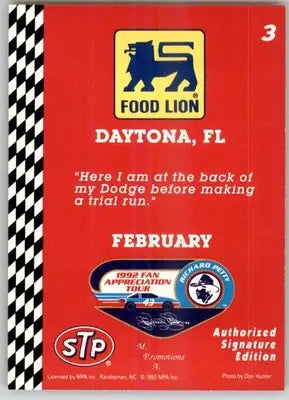 Richard Petty - 1992 Food Lion Richard Petty - #3 - Racing - Racing Card Single