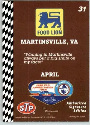 Richard Petty - 1992 Food Lion Richard Petty - #31 - Racing - Racing Card Single