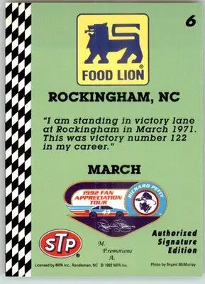 Richard Petty - 1992 Food Lion Richard Petty - #6 - Racing - Racing Card Single