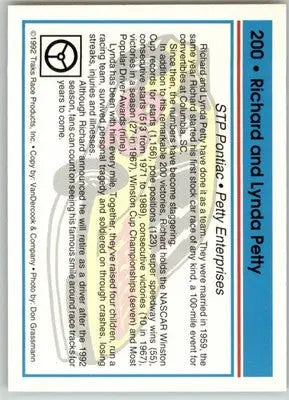 Richard Petty / Lynda Petty - 1992 Traks - #200 - Racing - Racing Card Single
