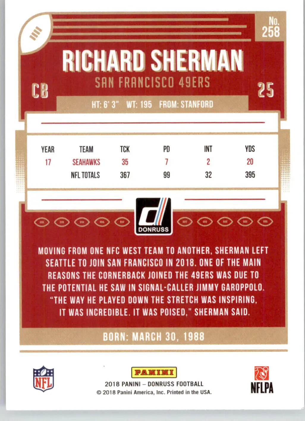 Richard Sherman - 2018 Donruss - #258 - Football - Football Card Single