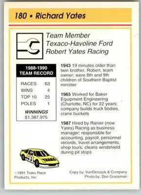 Richard Yates - 1991 Traks - #180 - RC Racing - Racing Card Single