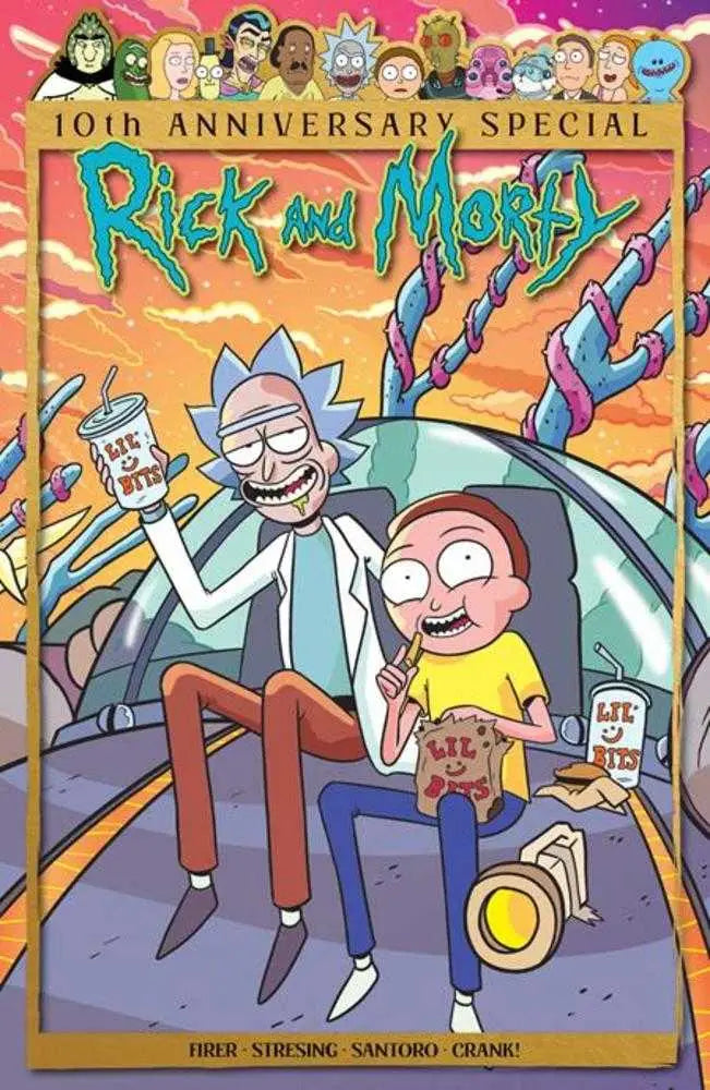 Rick and Morty 10th Anniversary Special comic cover in vibrant art style for trading cards