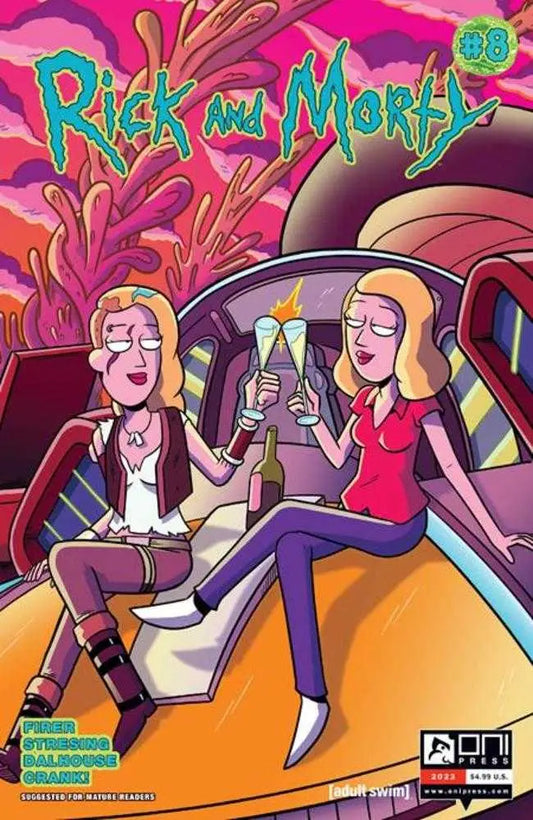 Rick and Morty #8 Cover B by Marc Ellerby with characters toasting in psychedelic colors