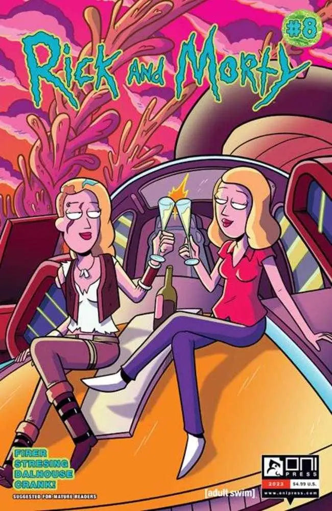 Rick and Morty #8 Cover B by Marc Ellerby with characters toasting in psychedelic colors