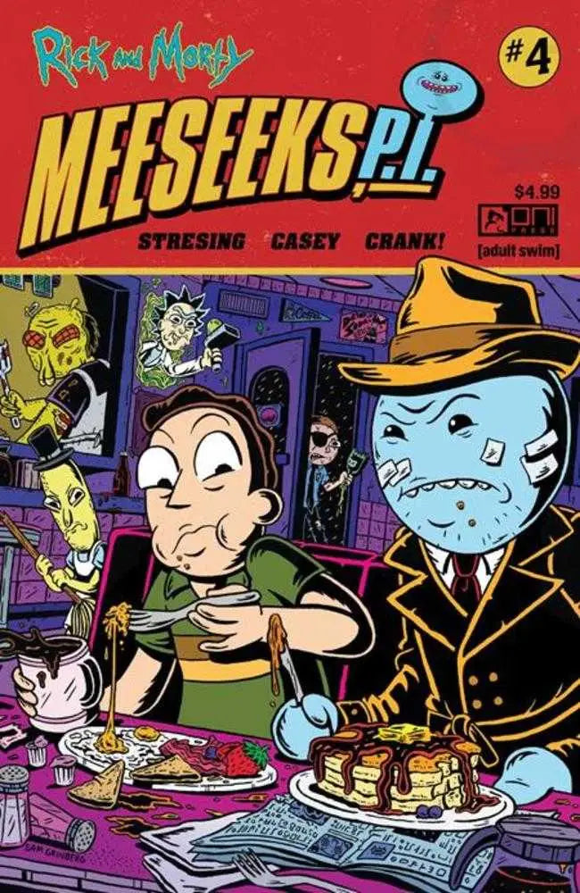 Comic book cover for Rick and Morty: Meeseeks P.I. #4 featuring characters at a diner