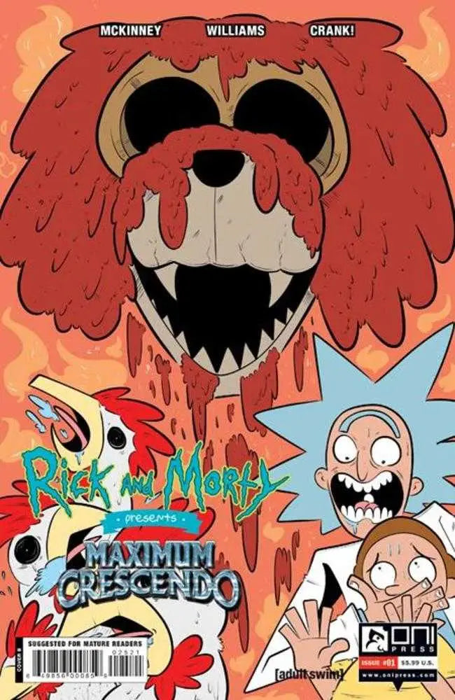Red dog head with sharp teeth on Rick and Morty comic cover for trading cards