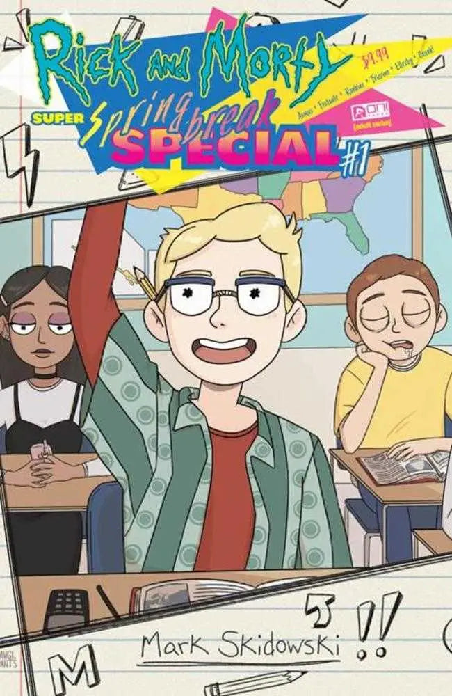 Comic book cover featuring Rick And Morty in a classroom for spring break fun