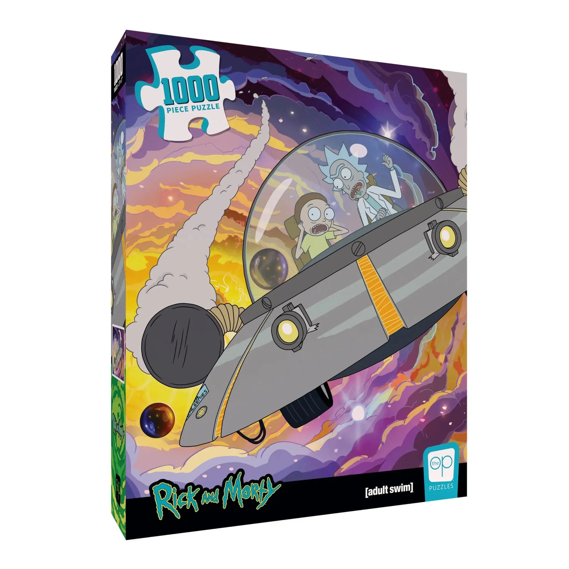 Rick and Morty puzzle box features spaceship in flight, perfect for trading card fans
