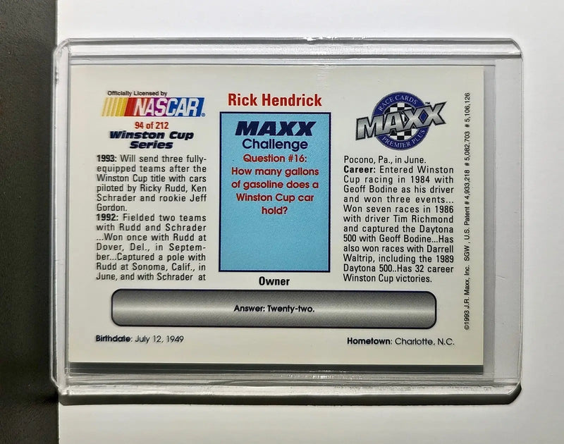 Rick Hendrick 1993 Maxx Premier Plus Racing #94 NASCAR Card Hendrick Motorsports