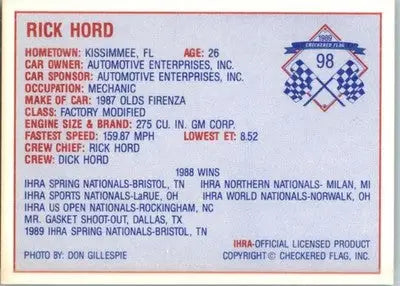 Rick Hord - 1989 Checkered Flag IHRA - #98 - Racing - Racing Card Single