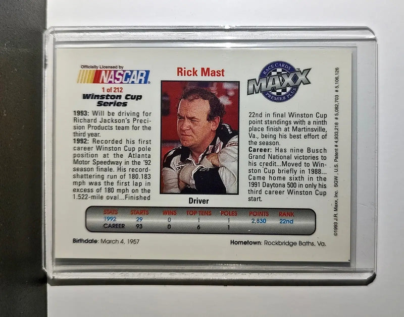 Rick Mast 1993 Maxx Premier Plus Racing #1 NASCAR Card Precision Products Racing