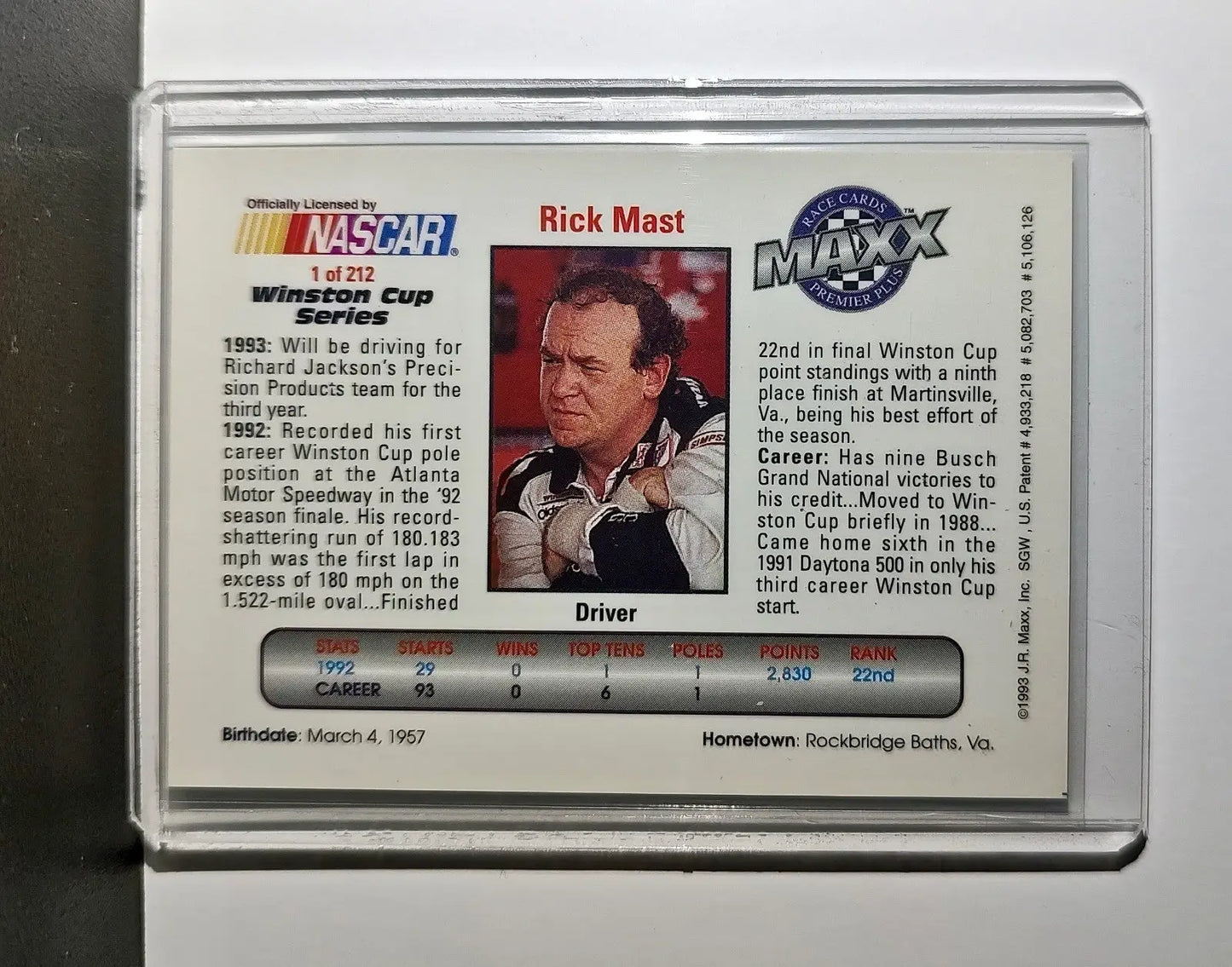 Rick Mast 1993 Maxx Premier Plus Racing #1 NASCAR Card Precision Products Racing - Racing Card Single