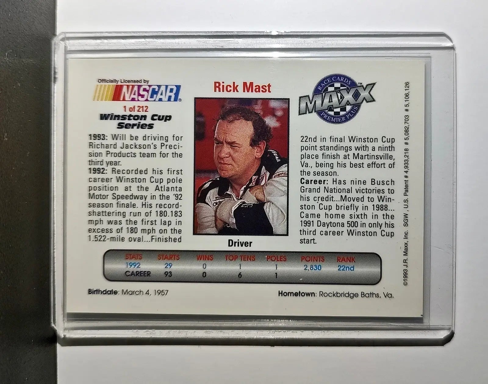 Rick Mast 1993 Maxx Premier Plus Racing #1 NASCAR Card Precision Products Racing - Racing Card Single