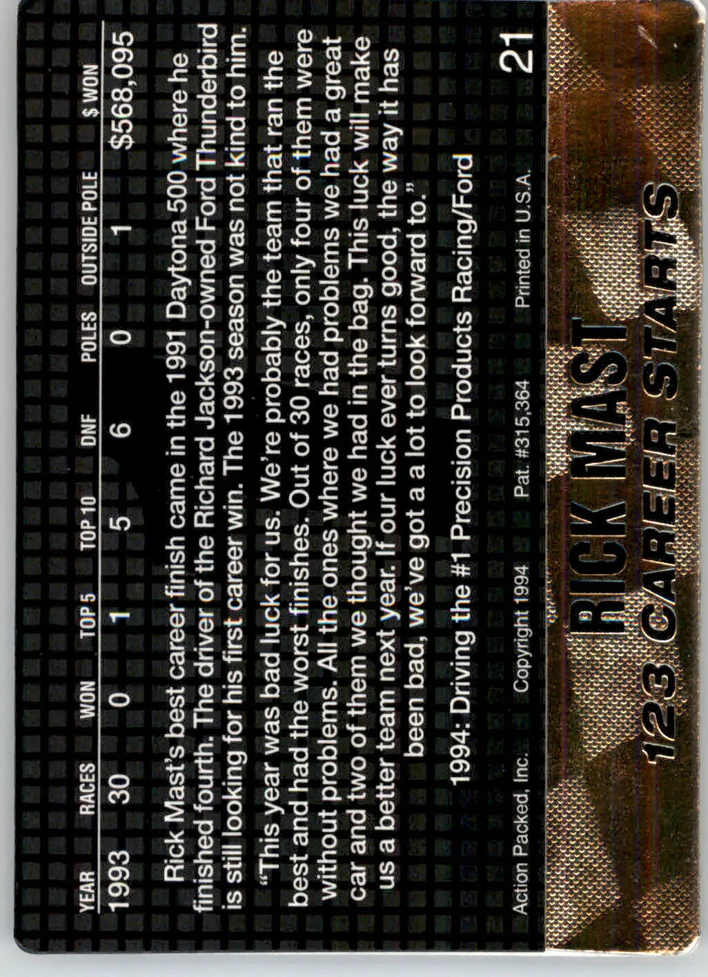 Rick Mast - 1994 Action Packed - #21 - Racing - Racing Card Single