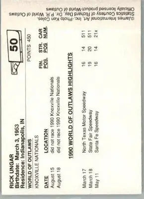 Rick Ungar - 1990 World of Outlaws - #50 - Racing - Racing Card Single